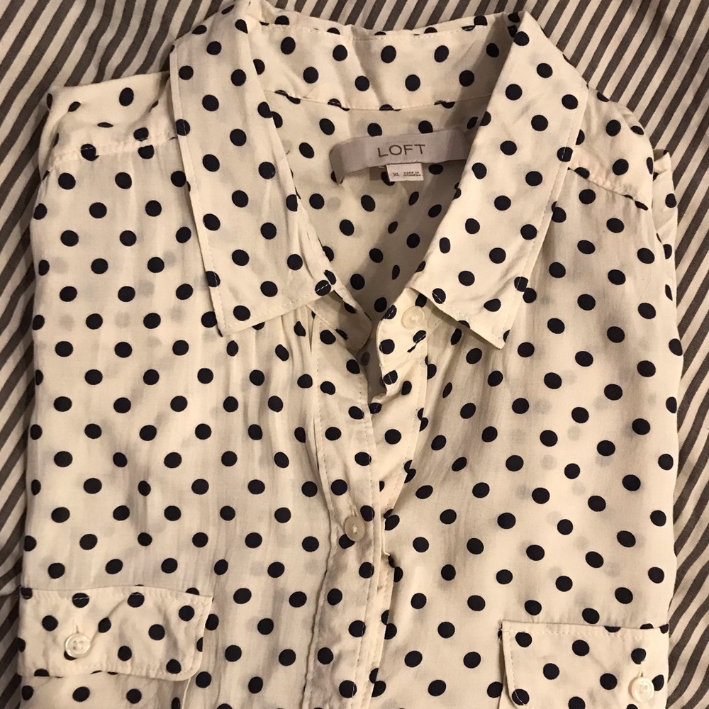Navy and cream long sleeve polka dot button down!